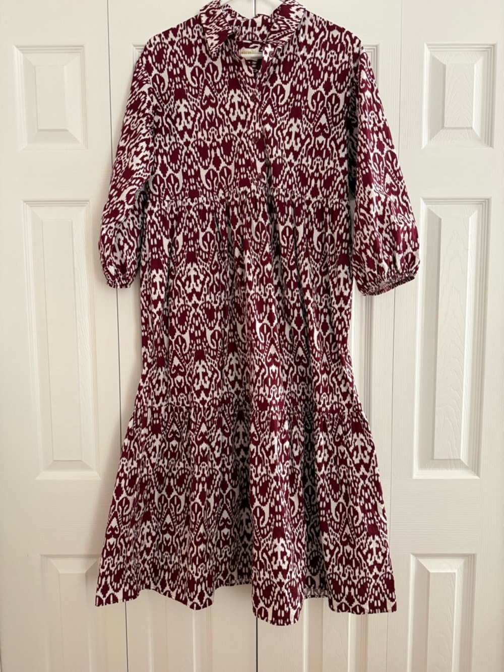 Anthropologie Small Maeve Bettina Burgandy & White Printed Tiered Midi Dress